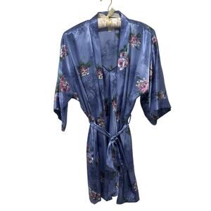 2pc Vintage Purple Floral Satin Nightgown Robe Set Glossy Gown Lingerie L